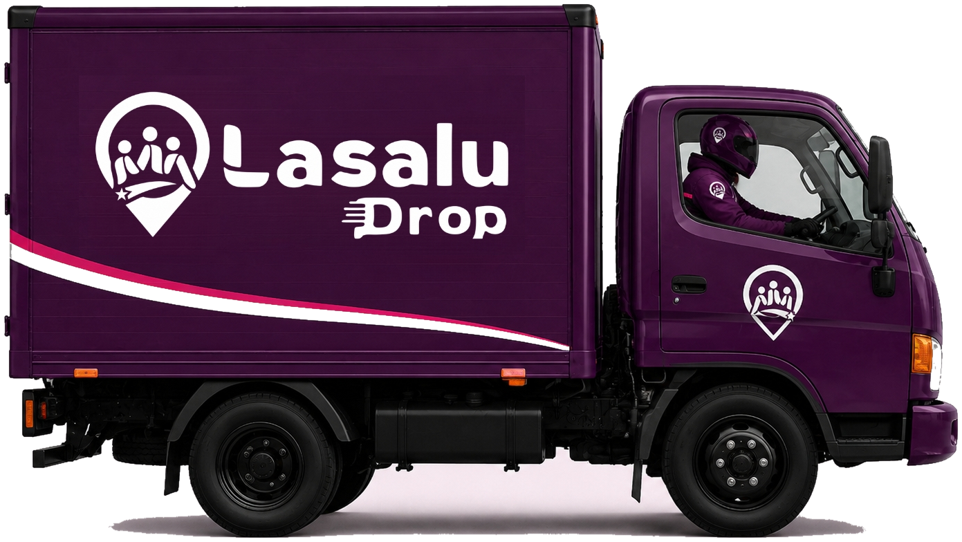 Lasalu Drop branded delivery truck on the road