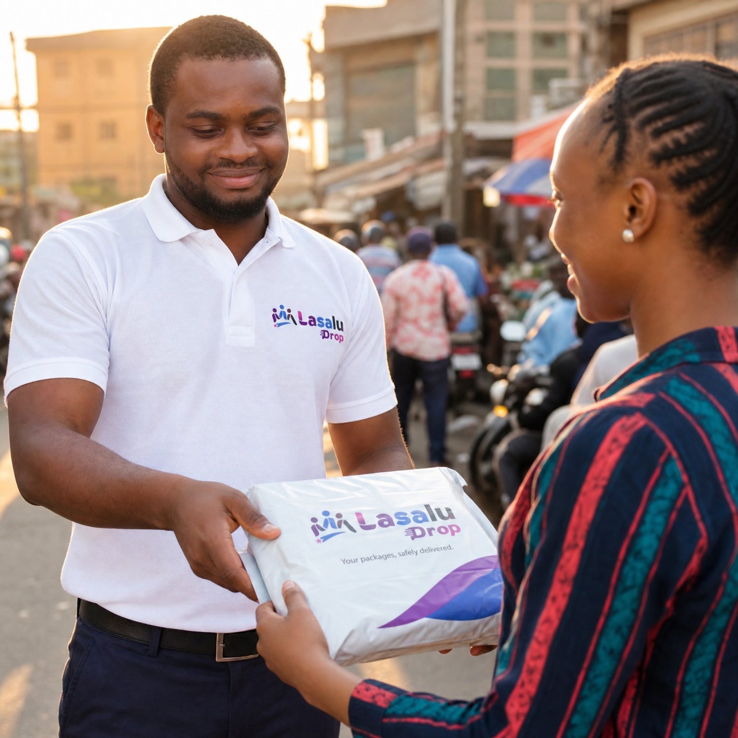 A Lasalu Drop agent handing over a sealed, branded package