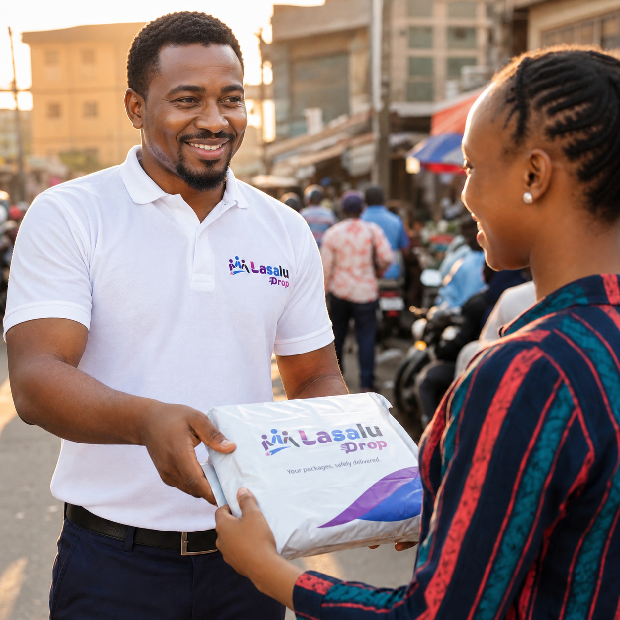 A uniformed Lasalu Drop agent handing a branded, sealed package to a customer
