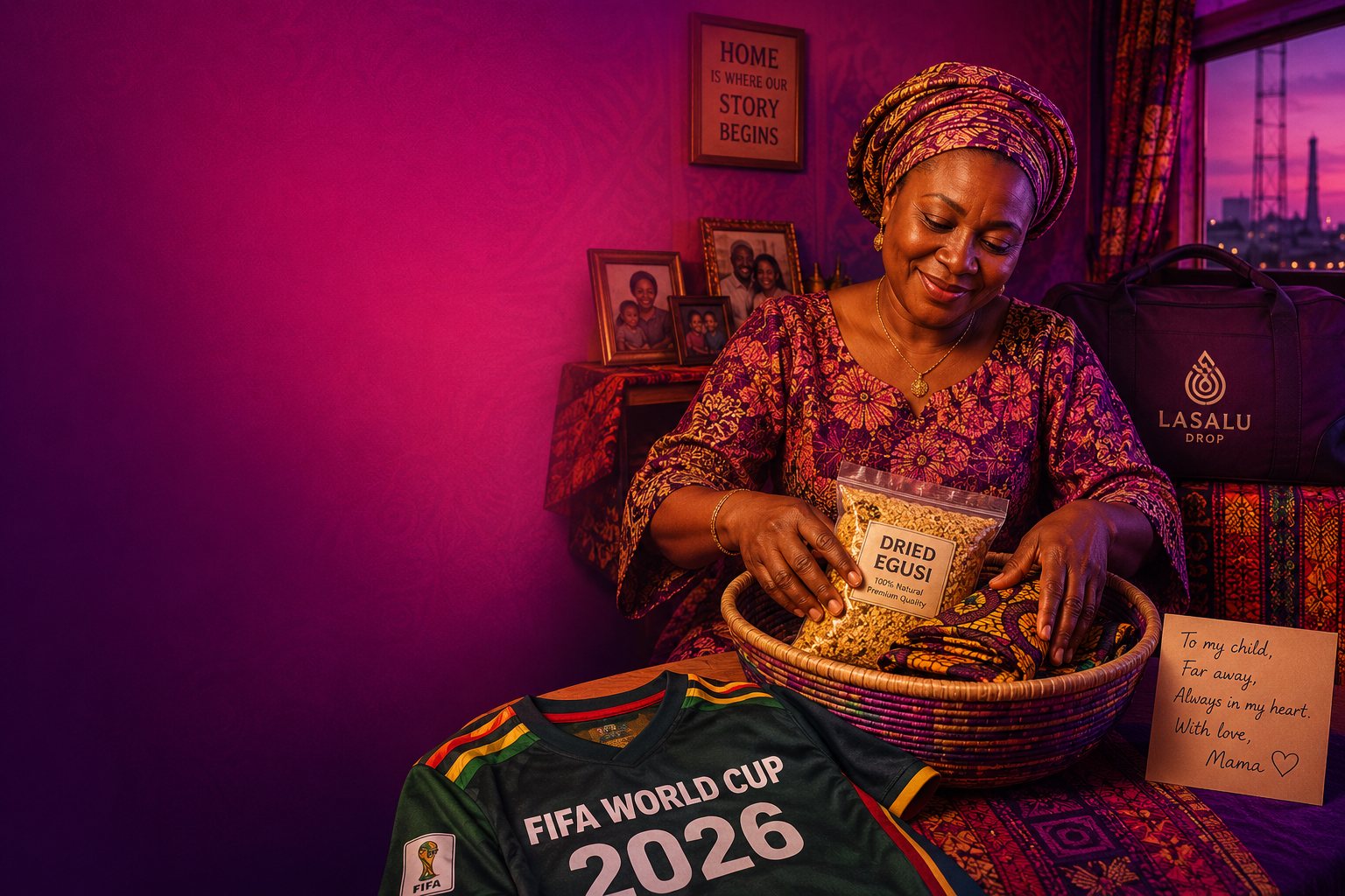A Nigerian mother packing dried egusi and gifts to send to family abroad